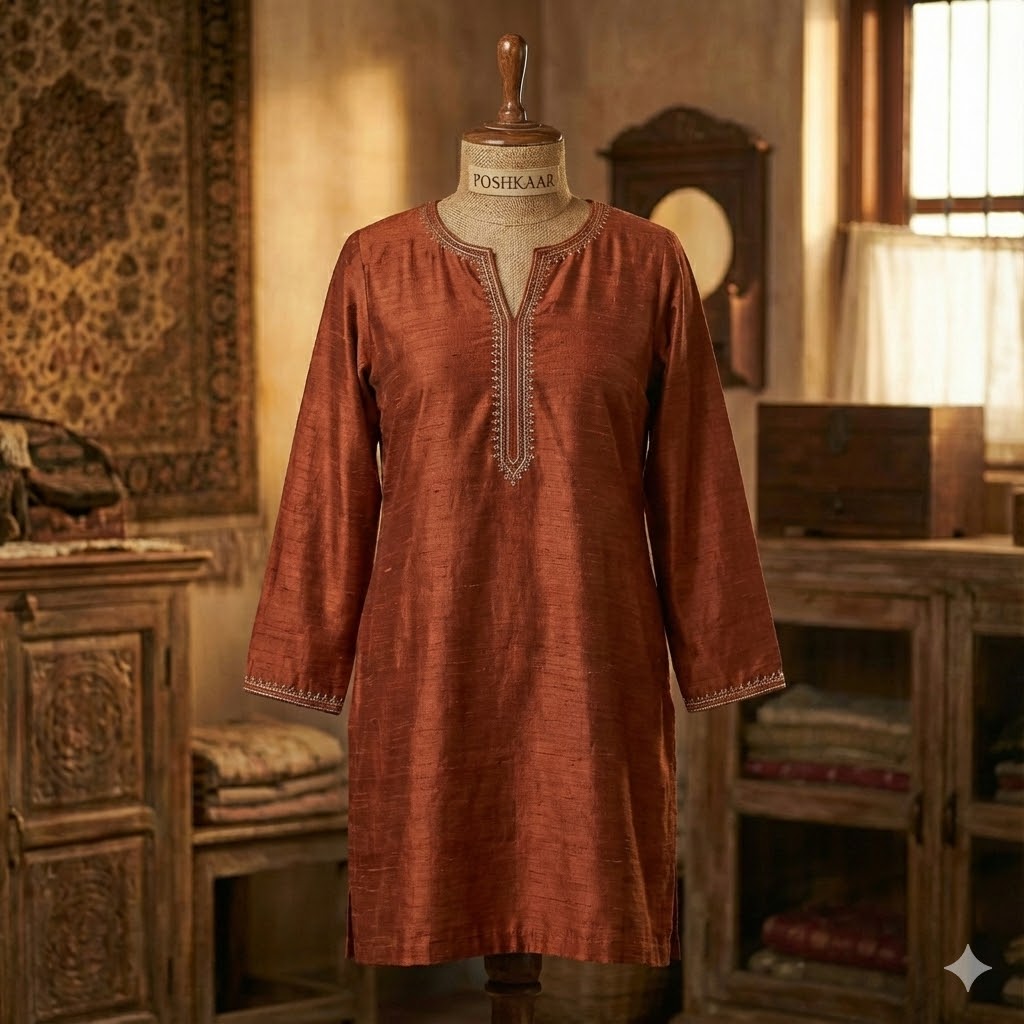 Rust silk Silver Tilla Kurta